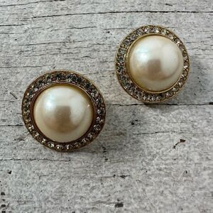 Vintage GJD Signed Clip On Faux Pearl Cabochon Rhinestone Earrings